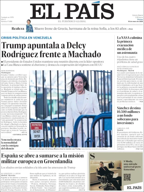 Portada de El Pais del viernes, 16 de enero de 2026