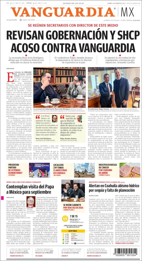 Portada de Vanguardia del viernes, 16 de enero de 2026