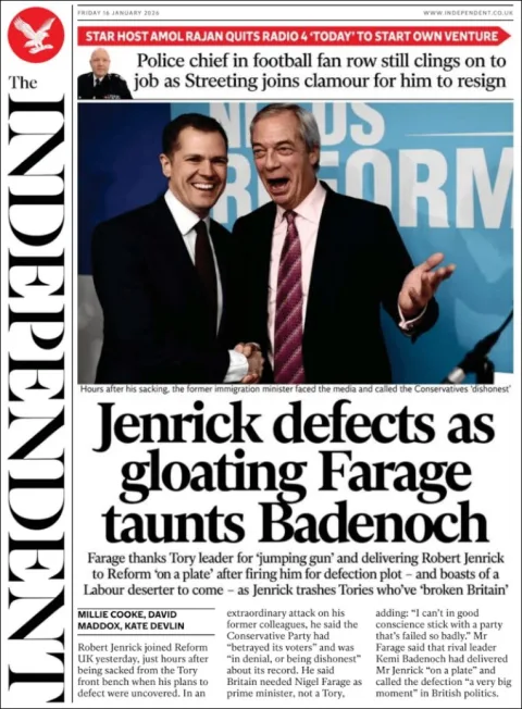 Portada de The Independent del viernes, 16 de enero de 2026