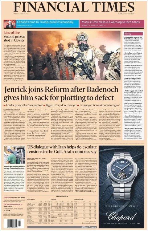 Portada de Financial Times del viernes, 16 de enero de 2026