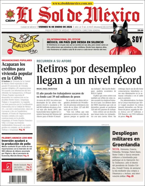 Portada de El Sol de Mexico del viernes, 16 de enero de 2026