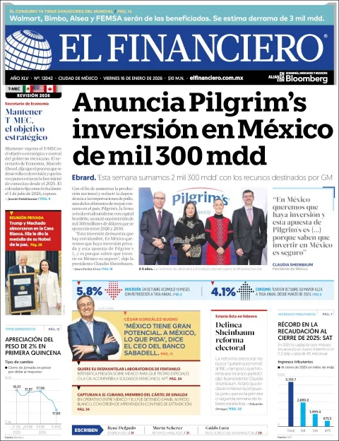Portada de El Financiero del viernes, 16 de enero de 2026