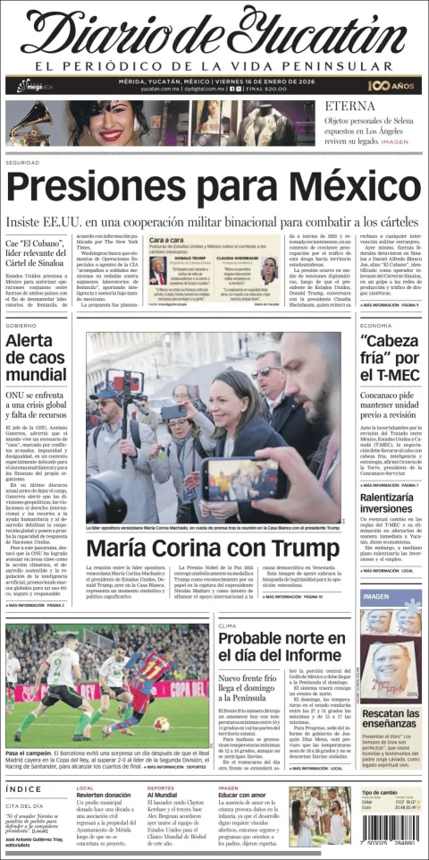 Portada de Diario de Yucatán del viernes, 16 de enero de 2026