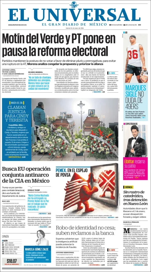 Portada de El Universal del viernes, 16 de enero de 2026