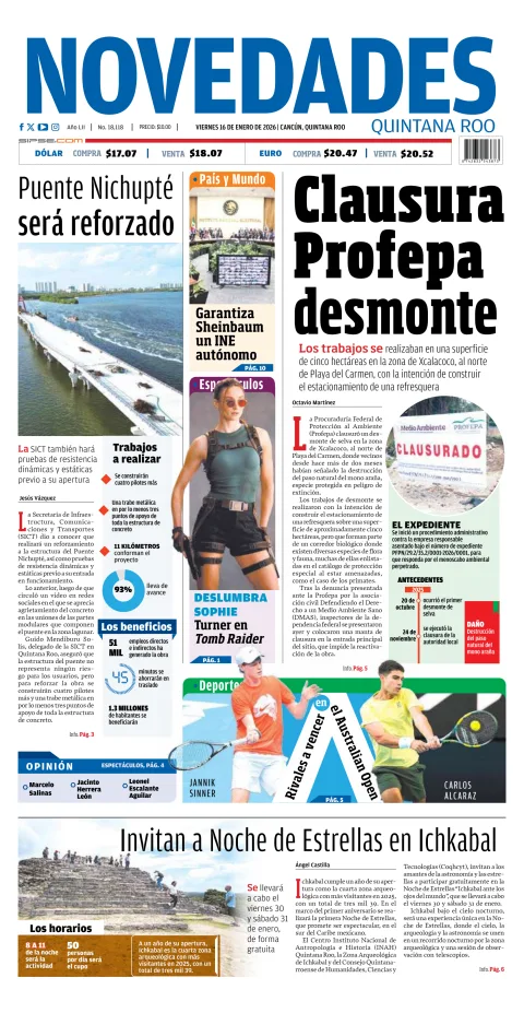 Portada de Novedades Quintana Roo del viernes, 16 de enero de 2026