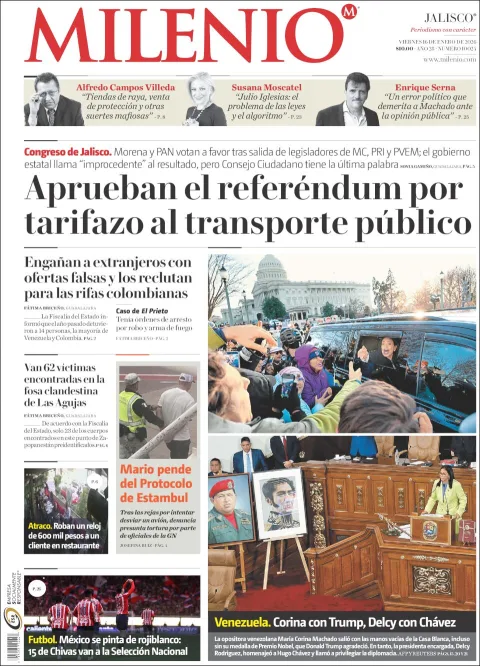 Portada de Milenio Jalisco del viernes, 16 de enero de 2026