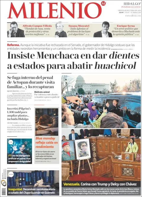 Portada de Milenio Hidalgo del viernes, 16 de enero de 2026