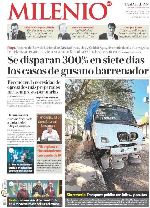 Portada de Milenio Tamaulipas del viernes, 16 de enero de 2026