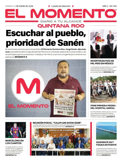 Portada de El Momento Quintana Roo del viernes, 16 de enero de 2026