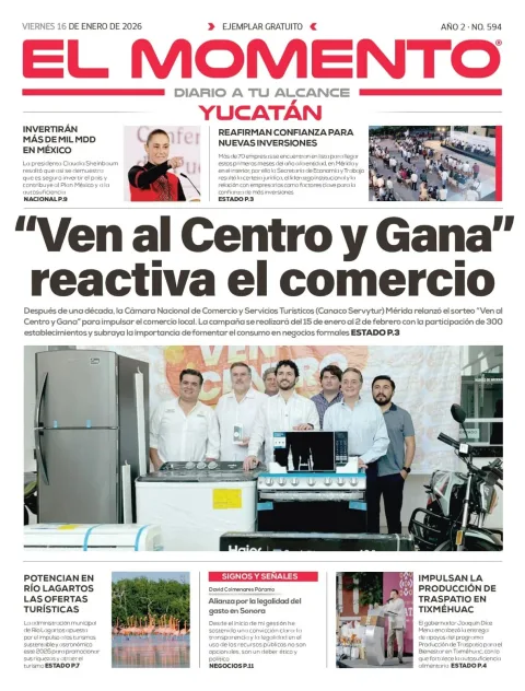 Portada de El Momento Yucatan del viernes, 16 de enero de 2026