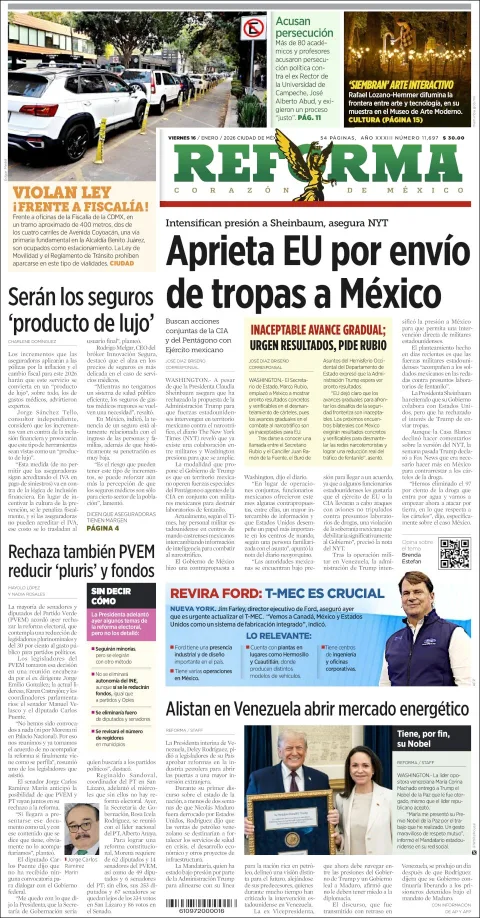 Portada de Reforma del viernes, 16 de enero de 2026