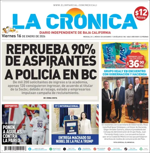 Portada de La Cronica del viernes, 16 de enero de 2026