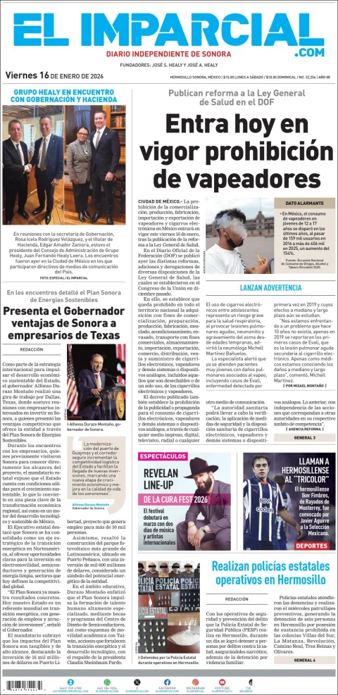 Portada de El Imparcial del viernes, 16 de enero de 2026