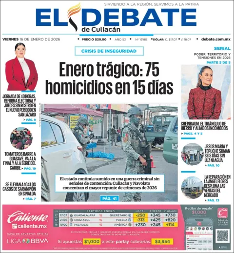 Portada de El Debate de Culiacan del viernes, 16 de enero de 2026