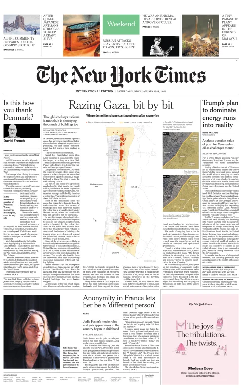 Portada de The New York Times (international) del sábado, 17 de enero de 2026