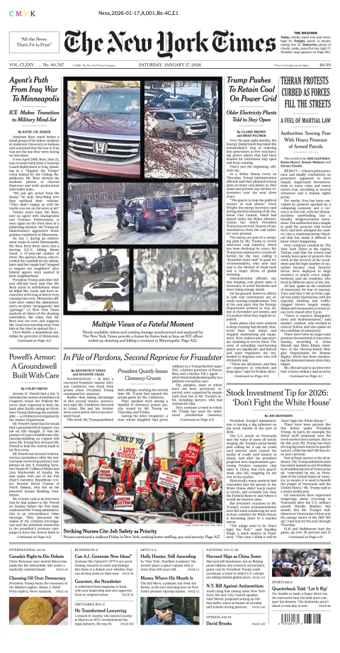 Portada de The New York Times (new York) del sábado, 17 de enero de 2026