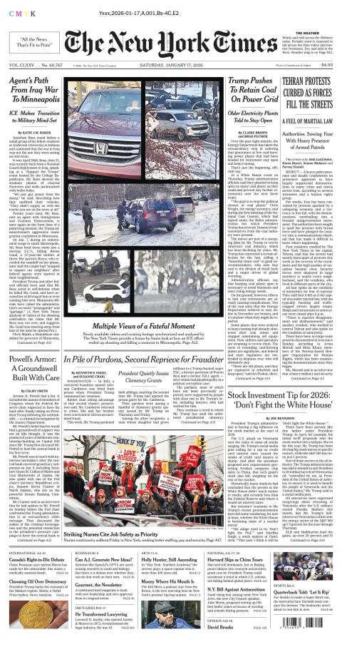 Portada de The New York Times (national) del sábado, 17 de enero de 2026