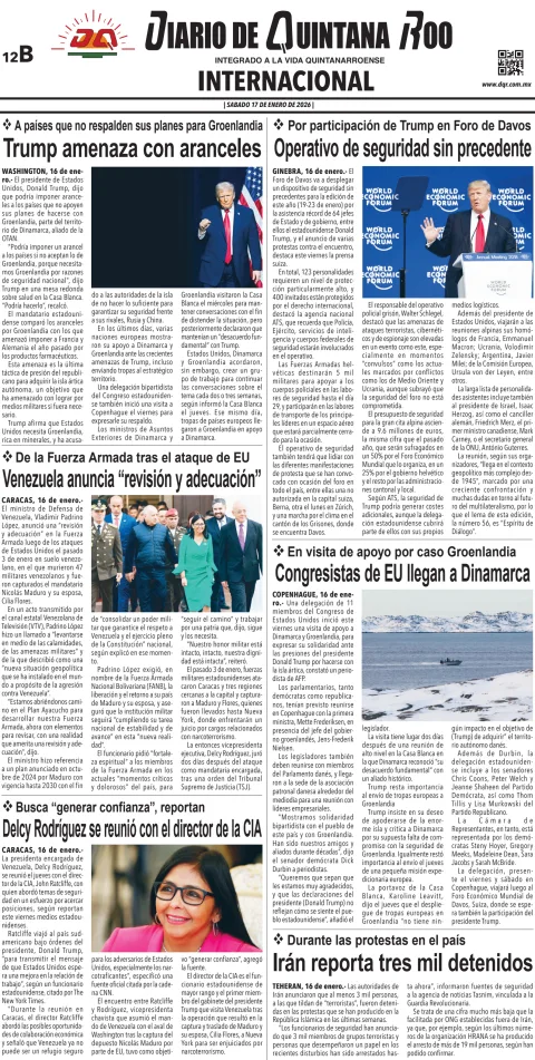 Portada de Diario de Quintana Roo (contra Portada) del sábado, 17 de enero de 2026