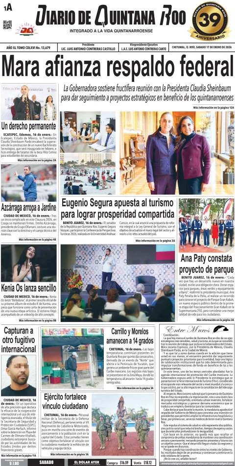 Portada de Diario de Quintana Roo (portada) del sábado, 17 de enero de 2026