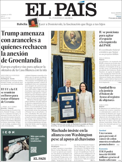 Portada de El Pais del sábado, 17 de enero de 2026