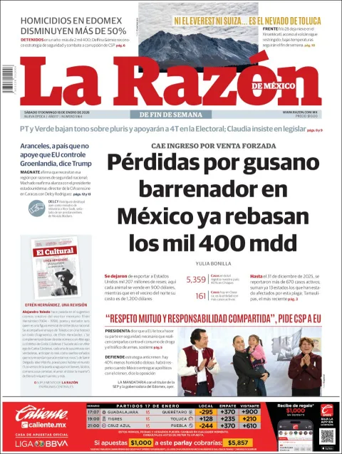 Portada de La Razon del sábado, 17 de enero de 2026
