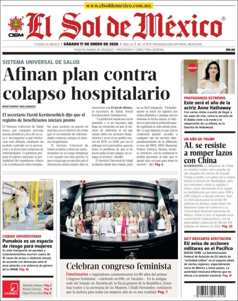 Portada de El Sol de Mexico del sábado, 17 de enero de 2026