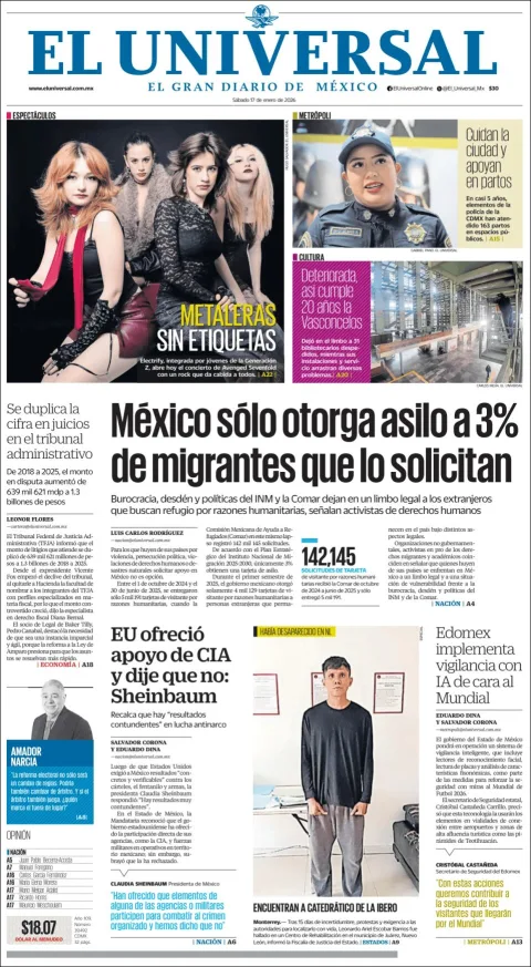 Portada de El Universal del sábado, 17 de enero de 2026