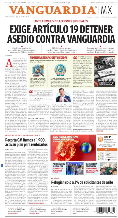 Portada de Vanguardia del sábado, 17 de enero de 2026