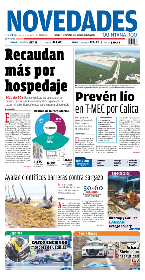 Portada de Novedades Quintana Roo del sábado, 17 de enero de 2026