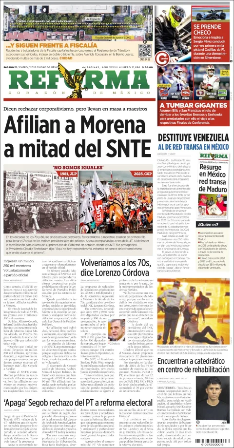 Portada de Reforma del sábado, 17 de enero de 2026