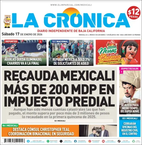 Portada de La Cronica del sábado, 17 de enero de 2026