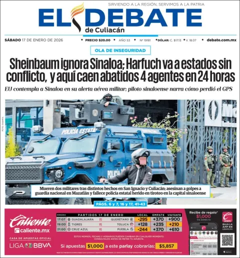 Portada de El Debate de Culiacan del sábado, 17 de enero de 2026