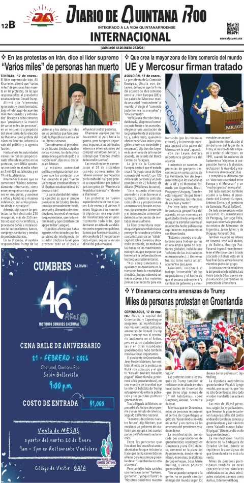 Portada de Diario de Quintana Roo (contra Portada) del domingo, 18 de enero de 2026