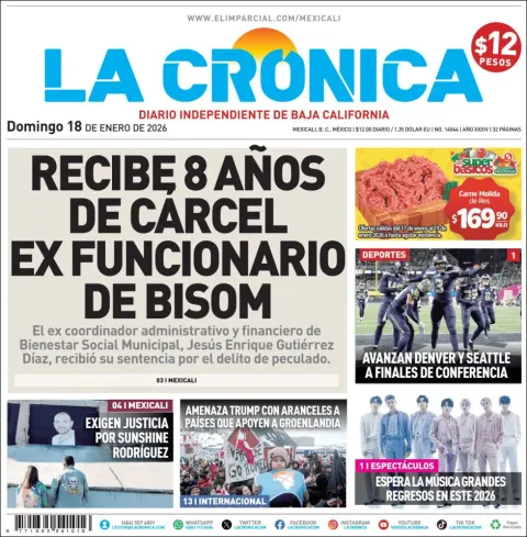 Portada de La Cronica del domingo, 18 de enero de 2026