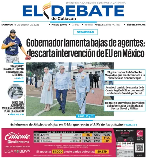 Portada de El Debate de Culiacan del domingo, 18 de enero de 2026