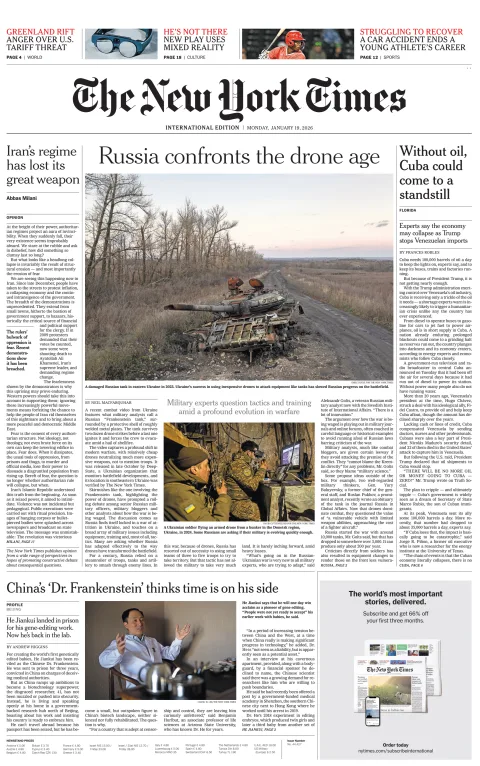 Portada de The New York Times (international) del lunes, 19 de enero de 2026