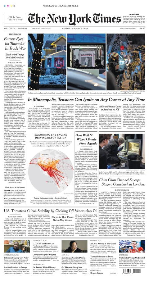 Portada de The New York Times (national) del lunes, 19 de enero de 2026