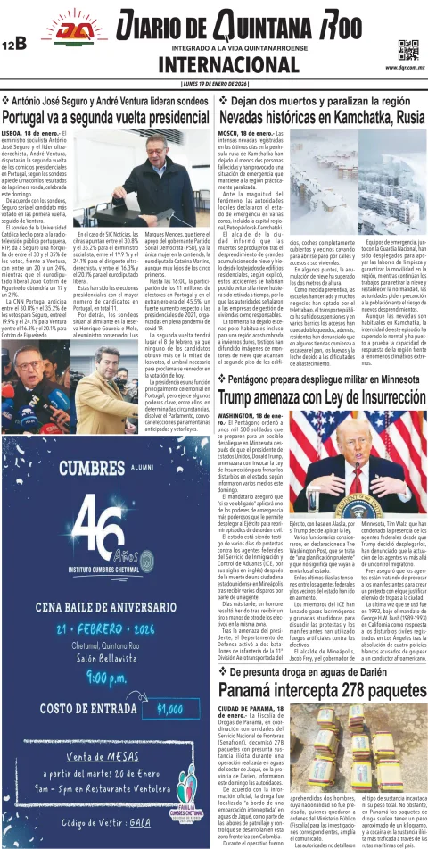 Portada de Diario de Quintana Roo (contra Portada) del lunes, 19 de enero de 2026