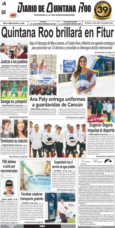 Portada de Diario de Quintana Roo (portada) del lunes, 19 de enero de 2026