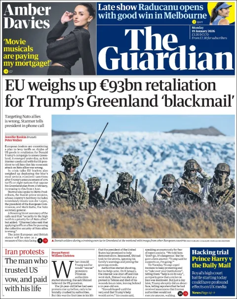 Portada de The Guardian (reino Unido) del lunes, 19 de enero de 2026