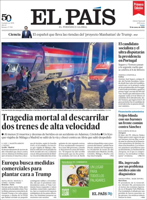 Portada de El Pais del lunes, 19 de enero de 2026