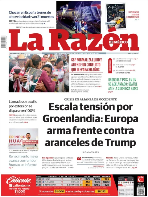 Portada de La Razon del lunes, 19 de enero de 2026