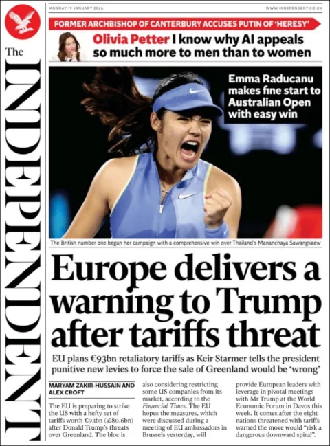 Portada de The Independent del lunes, 19 de enero de 2026