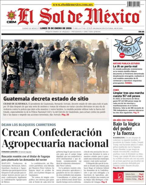 Portada de El Sol de Mexico del lunes, 19 de enero de 2026