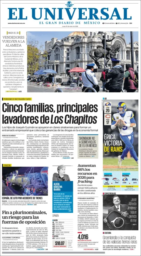 Portada de El Universal del lunes, 19 de enero de 2026