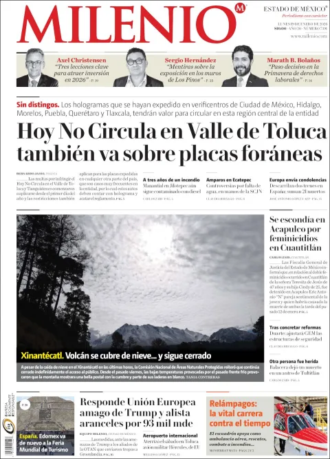 Portada de Milenio Edo de Mexico del lunes, 19 de enero de 2026