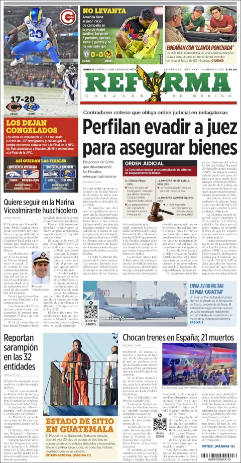 Portada de Reforma del lunes, 19 de enero de 2026