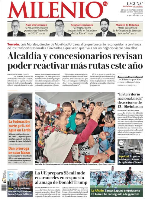 Portada de Milenio Laguna del lunes, 19 de enero de 2026