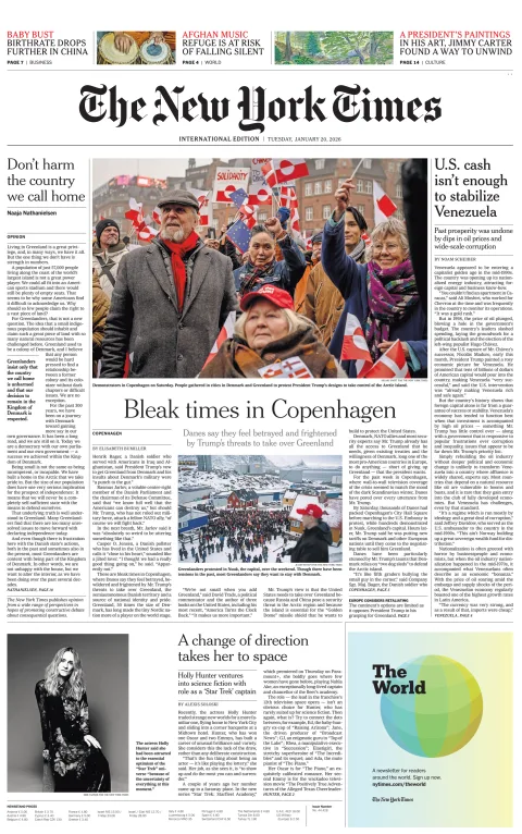 Portada de The New York Times (international) del martes, 20 de enero de 2026