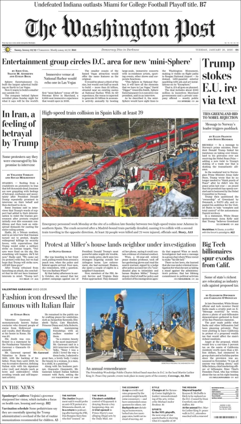 Portada de The Washington Post del martes, 20 de enero de 2026